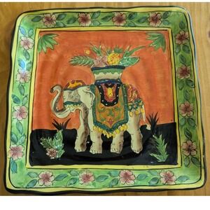 West Indies Hand Painted‎ Ceramic Square Elephant Platter Tropical Floral 9.5"